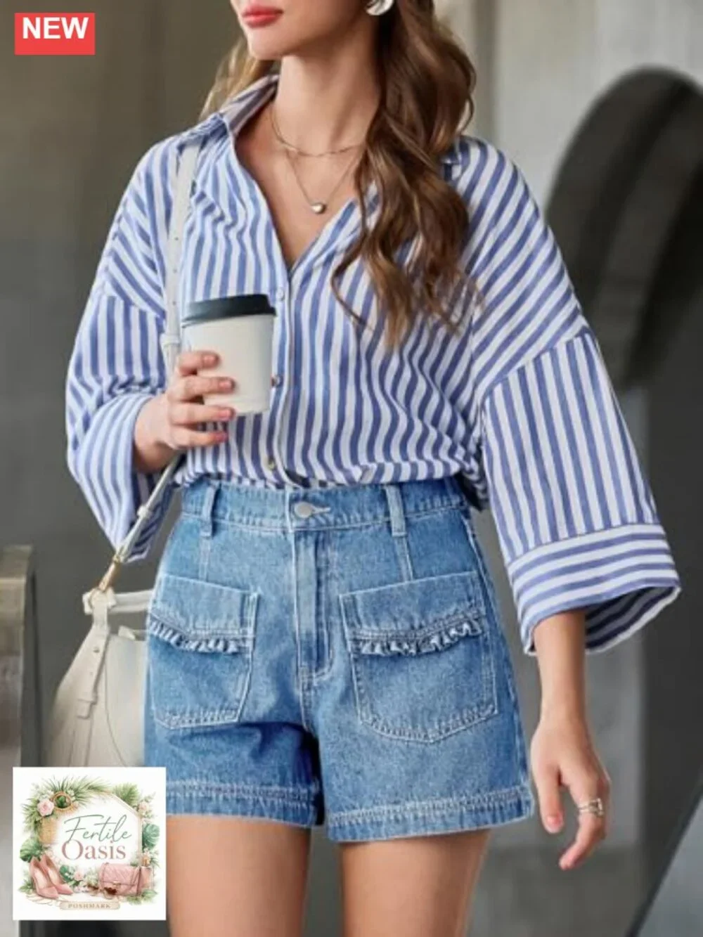 High Waisted Baggy Wide Leg Jean Shorts with Ruffle Pockets, Lightweight